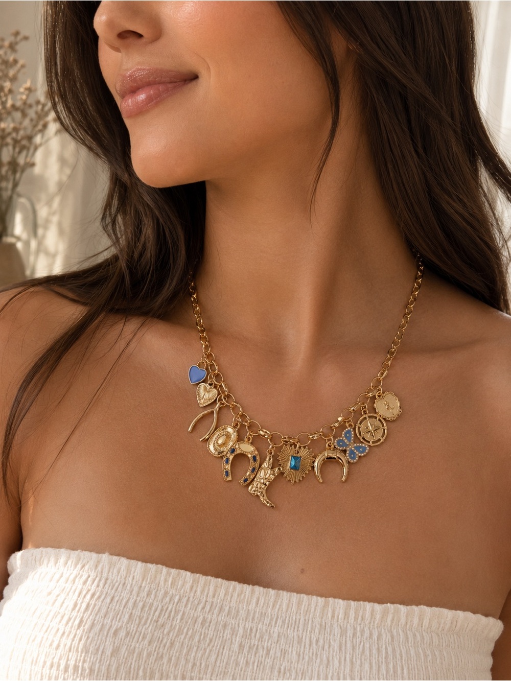 Torrid Gold Tone Western Charm Necklace with Blue Accents